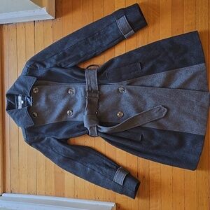 Kenneth Cole New York, Gray Colorblock Wool Blend Belted Trench Coat, EUC, 2